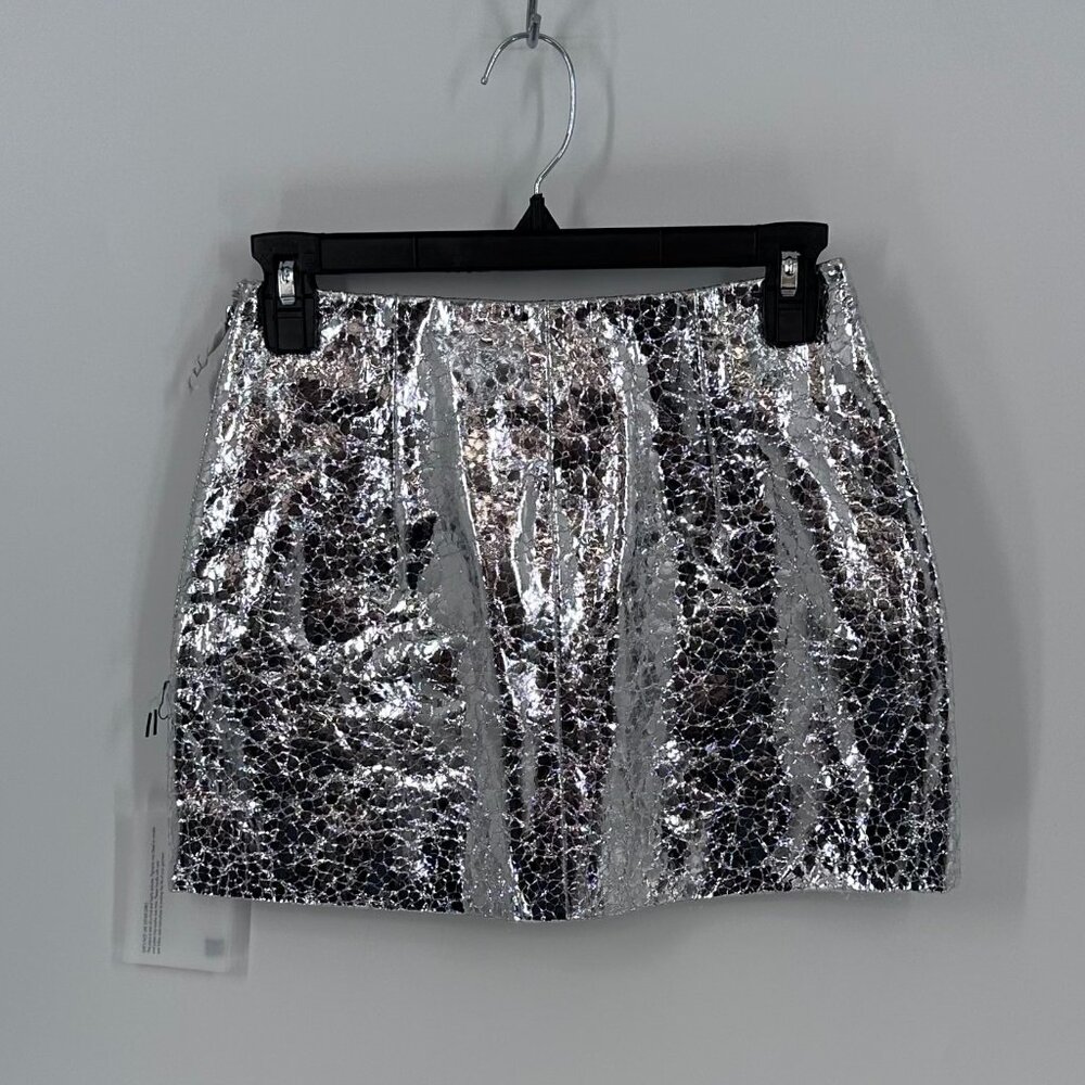 Women's Viavia Genuine Leather Micro Mini Skirt Silver Crackle XS - Picture 2 of 4